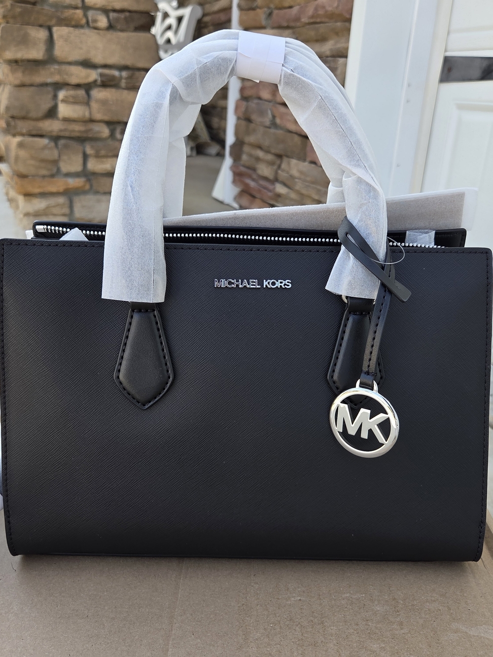 Michael Kors Black Saffiano Satchel with Silver MK Charm
